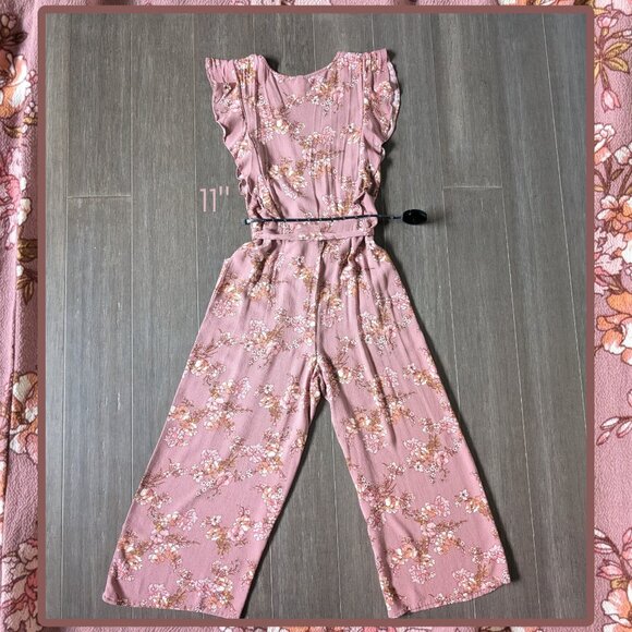 Xhilaration, Mauve Floral Cropped Jumpsuit with Ruffles, Vneck, Size S - Picture 11 of 14